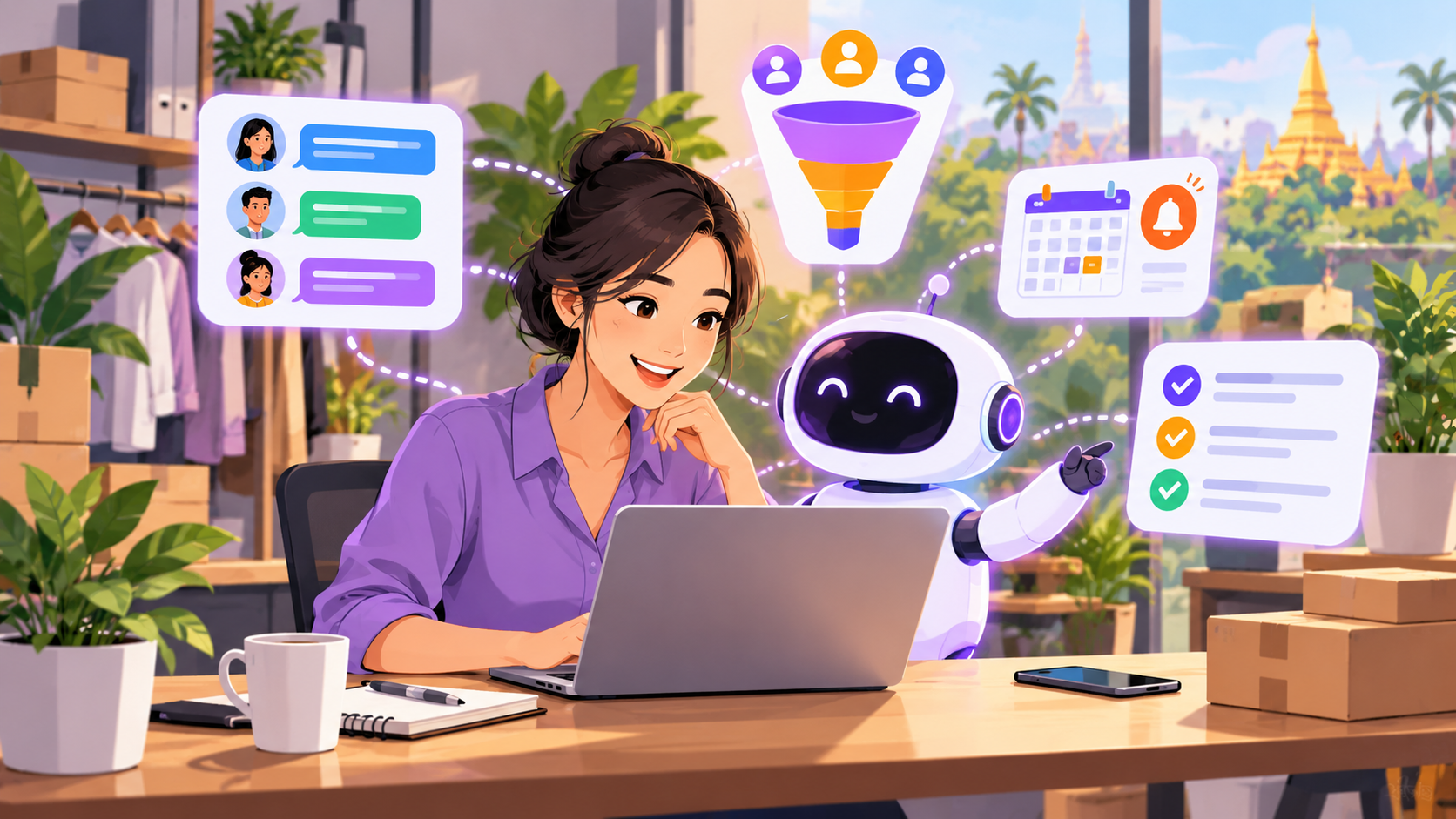 Illustration of AI chatbots and automation for Lao businesses