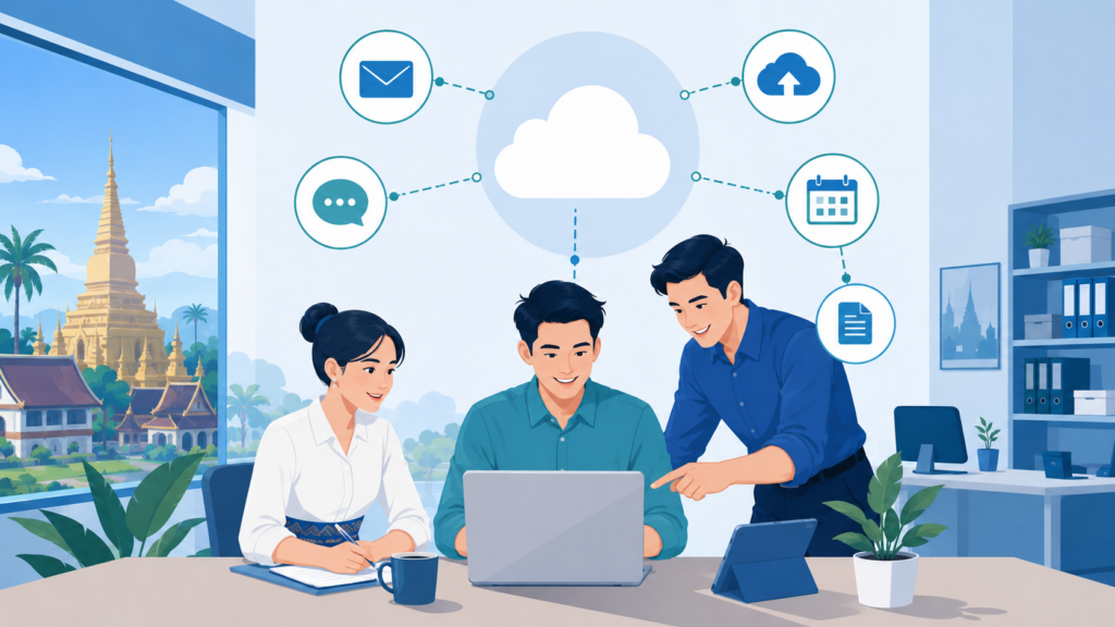 Illustration of a small business team collaborating using cloud email, calendar and document tools